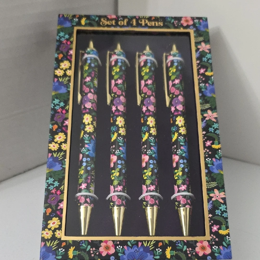 James Burke Black Floral Pen Set - Set of 4, NIB